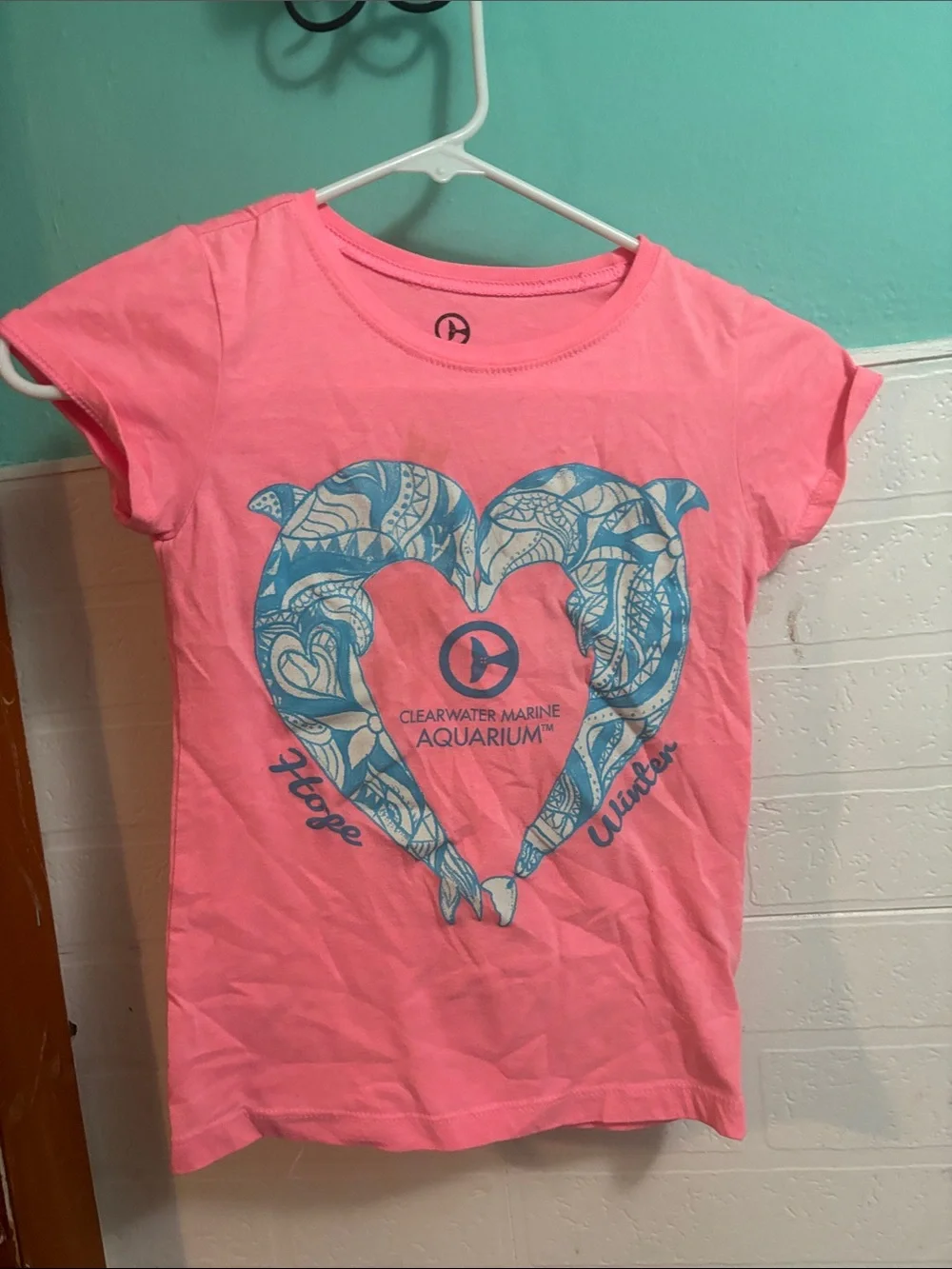 Hobie Pink Girls' Short Sleeve Tee with Blue Heart Dolphin Graphic